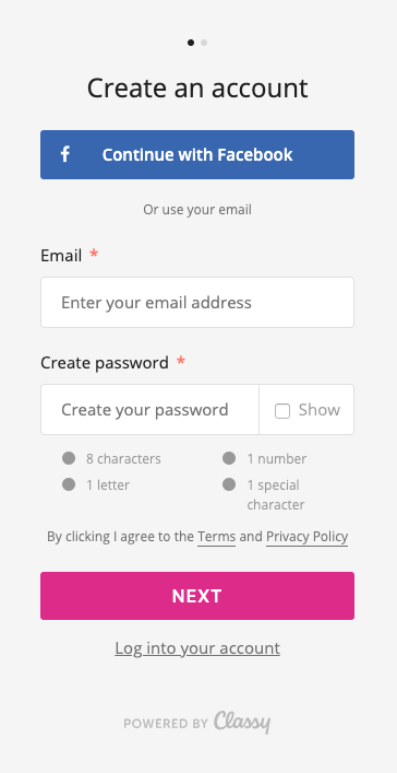 image of the Classy create account form
