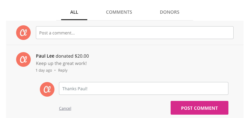 image of the activity feed on a fundraising page