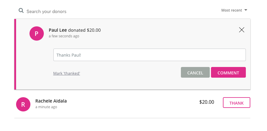 image of the donations tab screen in a fundraising page editor