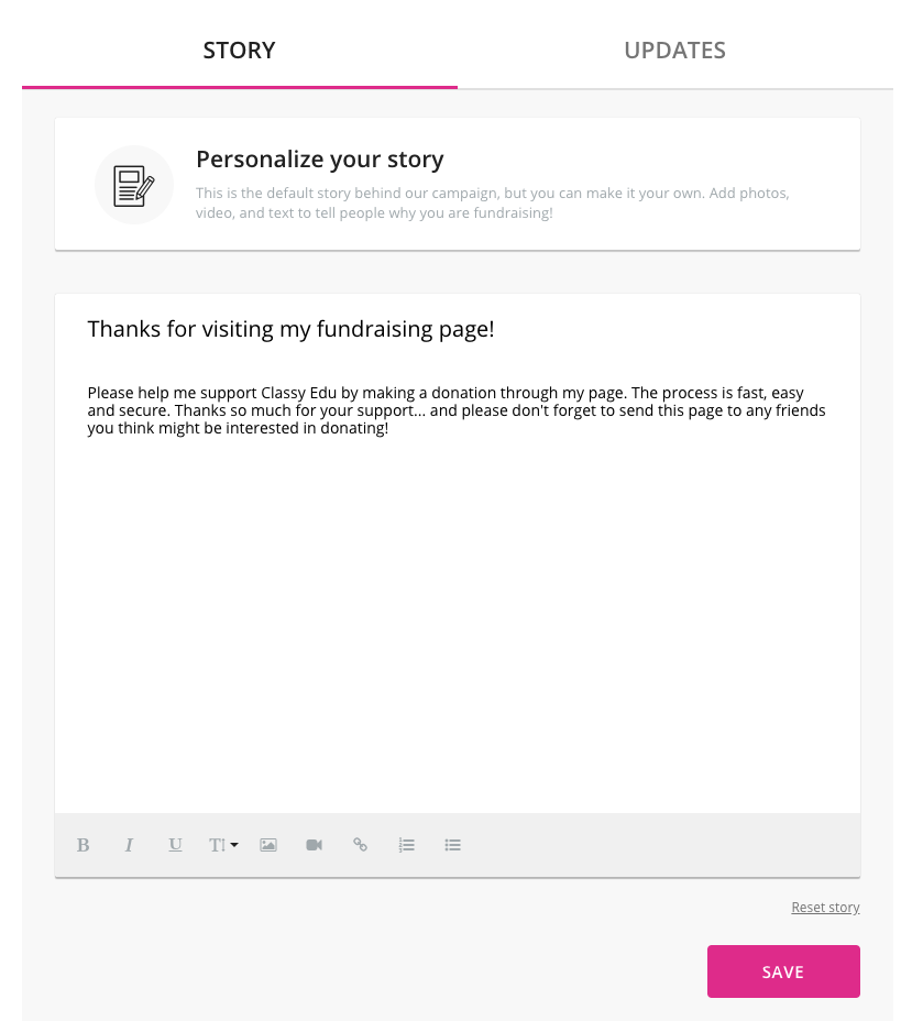 image of the story text block found within the fundraising page editor